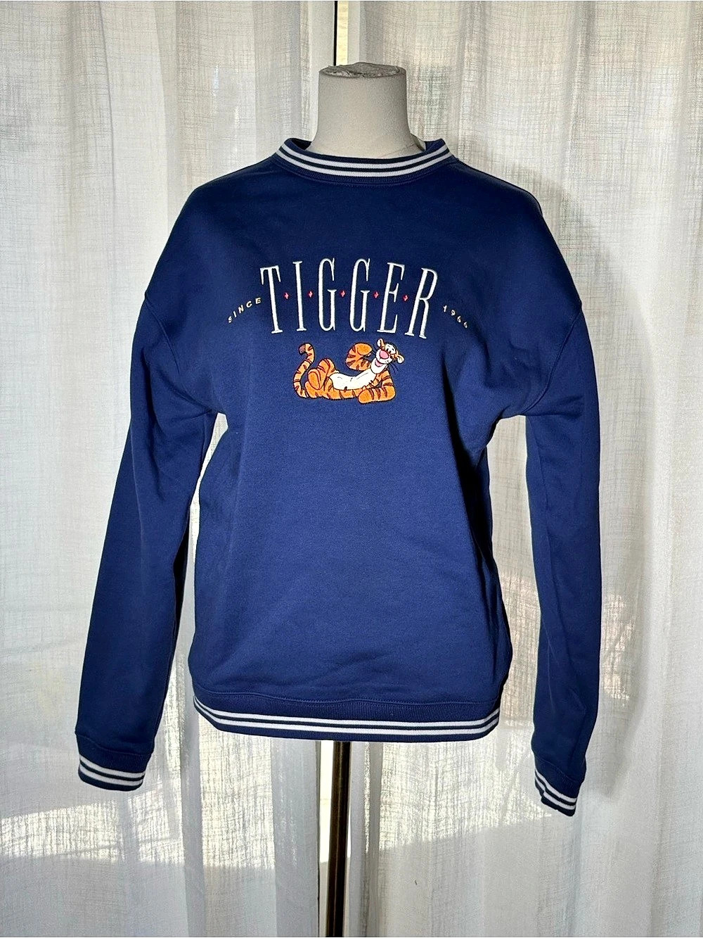 Disney Parks Winnie the Pooh Tigger Embroidered Navy Sweatshirt Striped Trim Sma